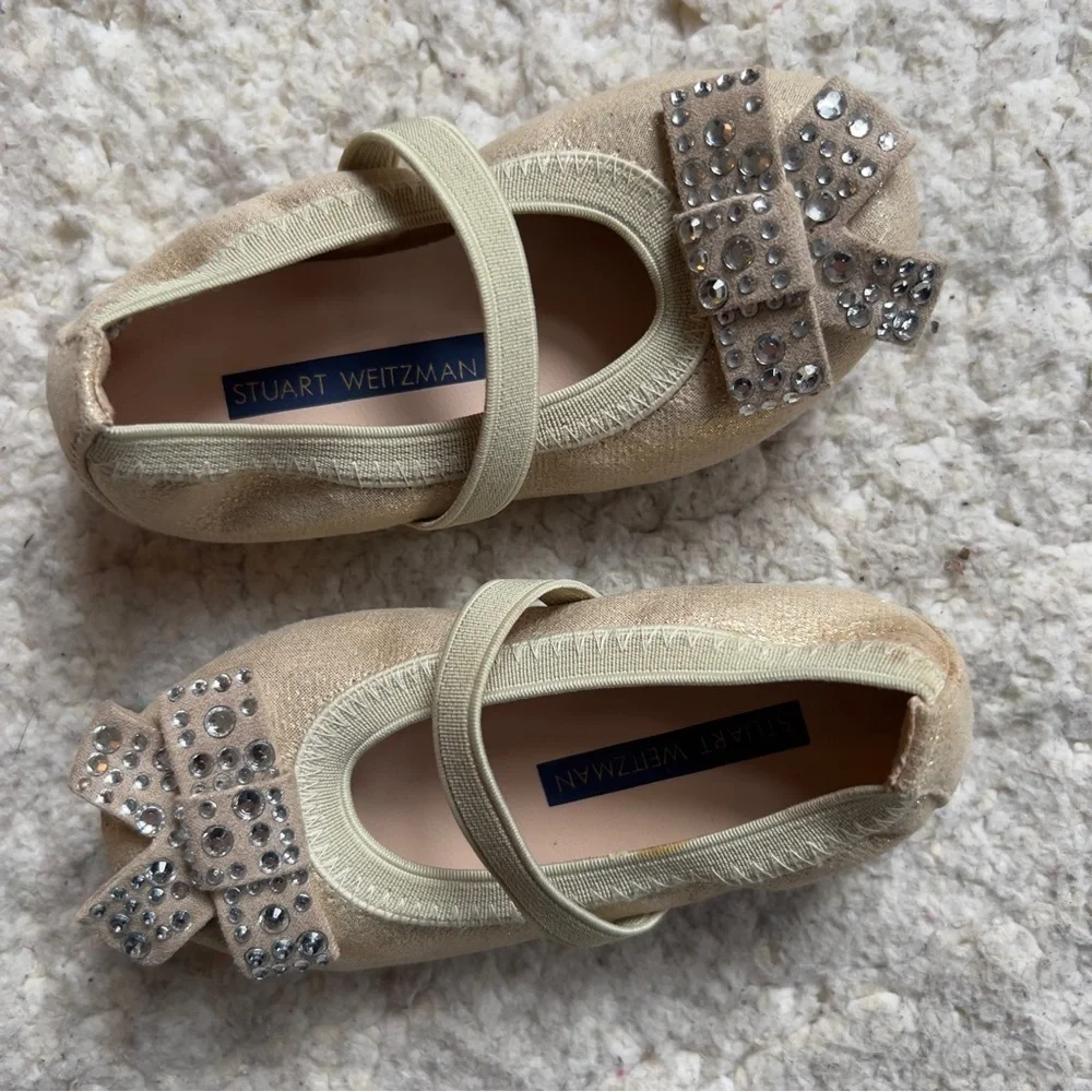 Stuart Weitzman Fannie Stardust Mary Jane Gold Sparkle Baby Ballets Sz 5